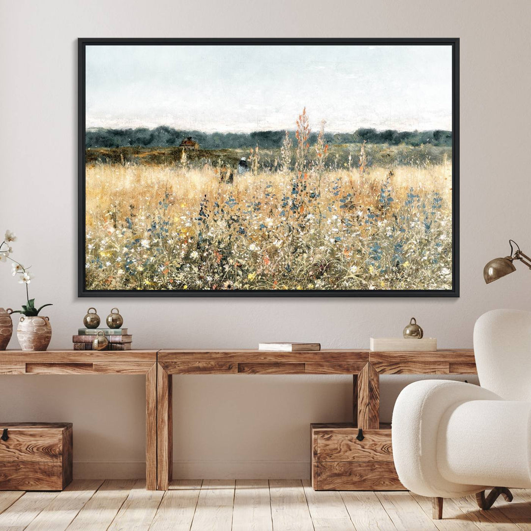 The Wildflower Field Wall Art adds a rustic touch to the space.