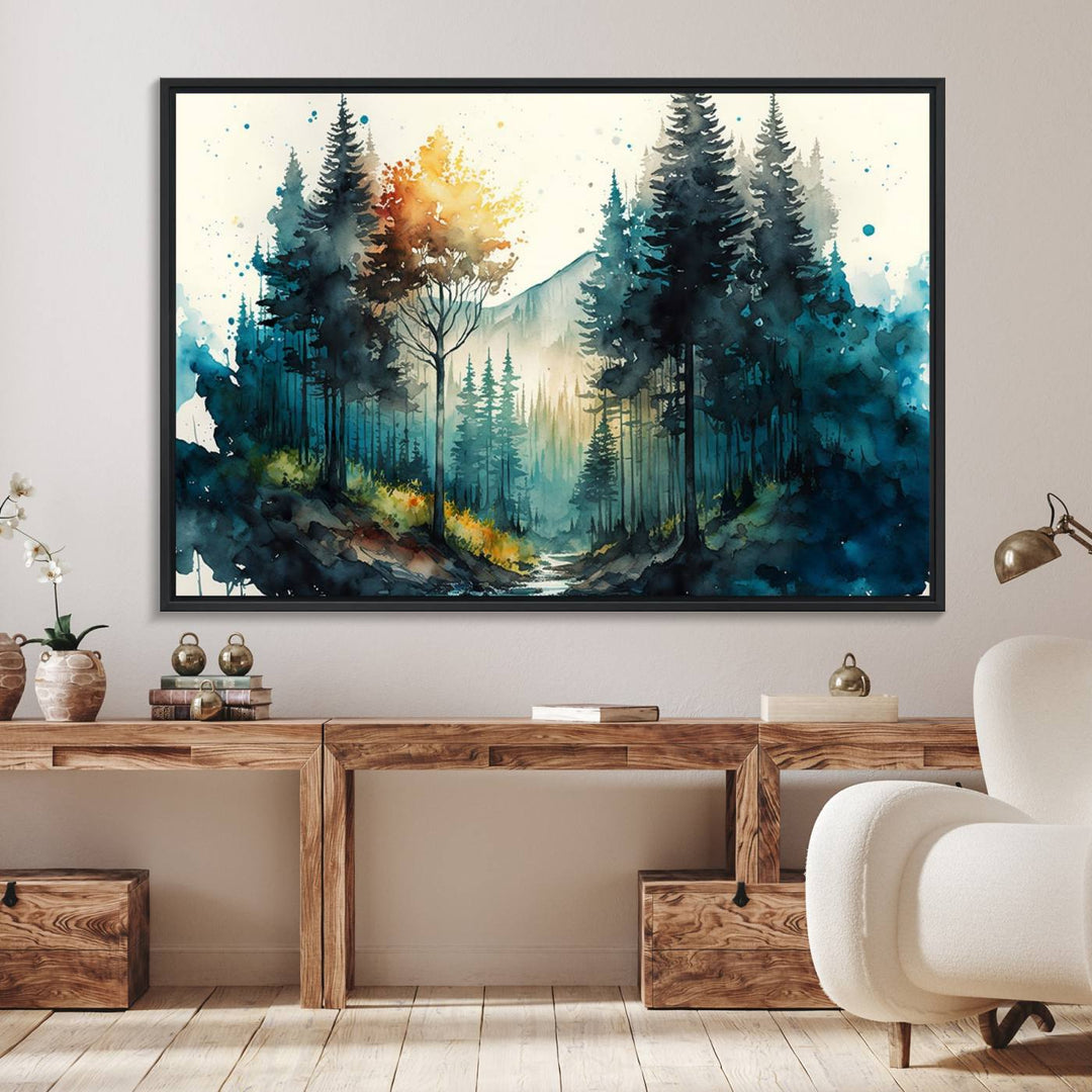 The Watercolor Trees Forest Abstract canvas print is displayed prominently.