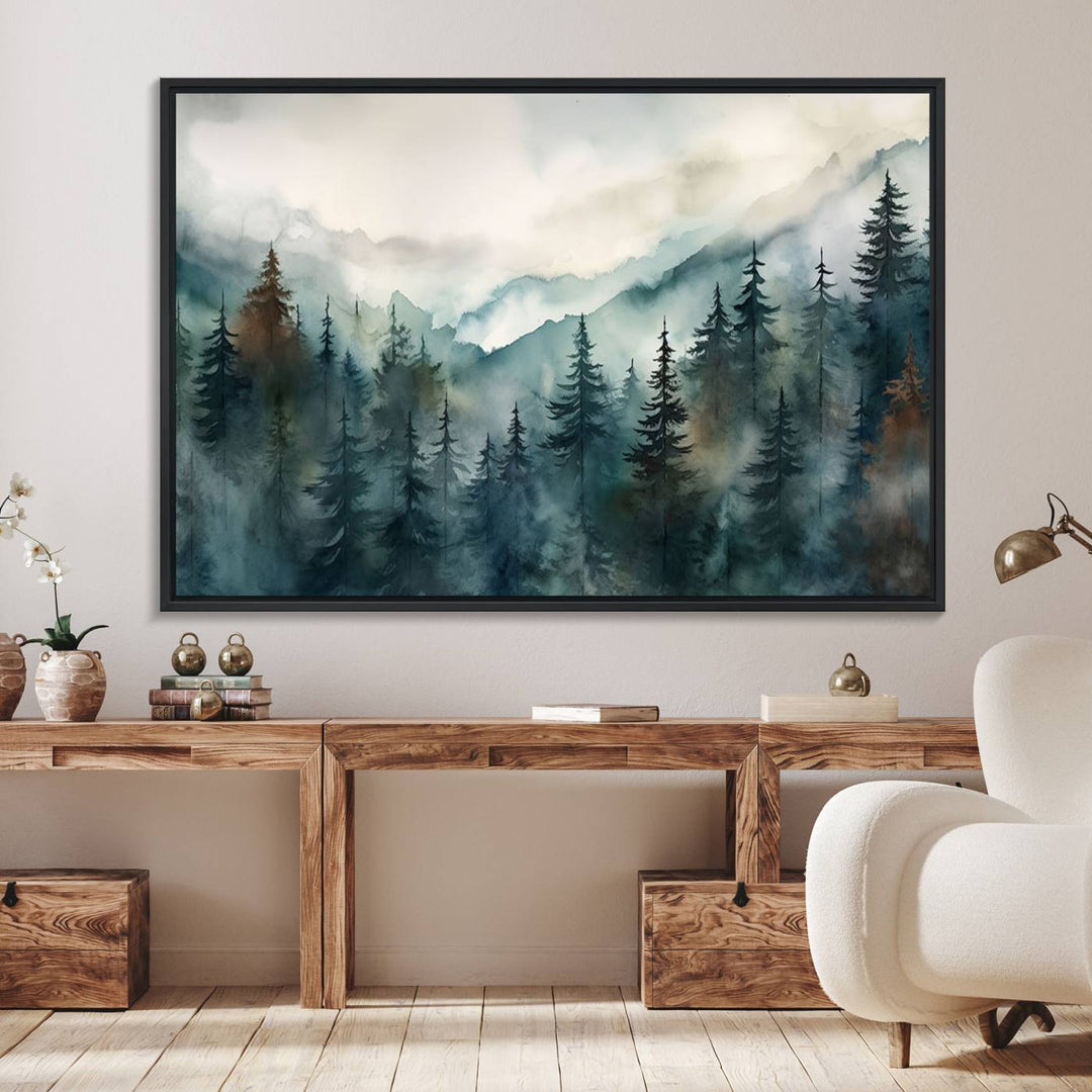 Serenity Forest Wall Art Canvas above the table adds a nature-inspired vibe to the space.