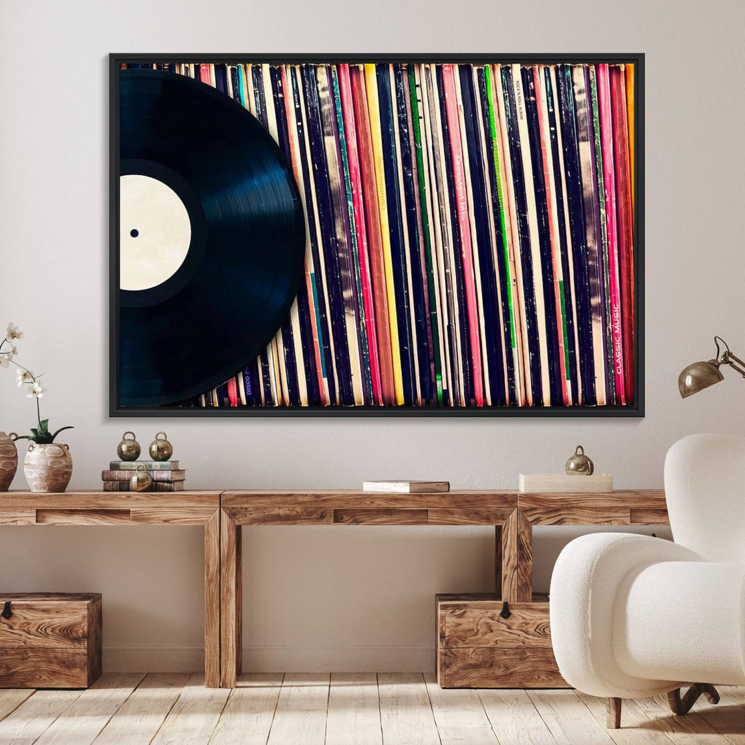 The Vinyl Record and Album Collection Canvas above the dining table enhances the modern kitchen, creating a perfect aesthetic for vintage vinyl lovers.