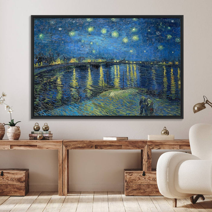 A Vincent van Gogh Starry Night over the Rhone canvas print is displayed on a porch.