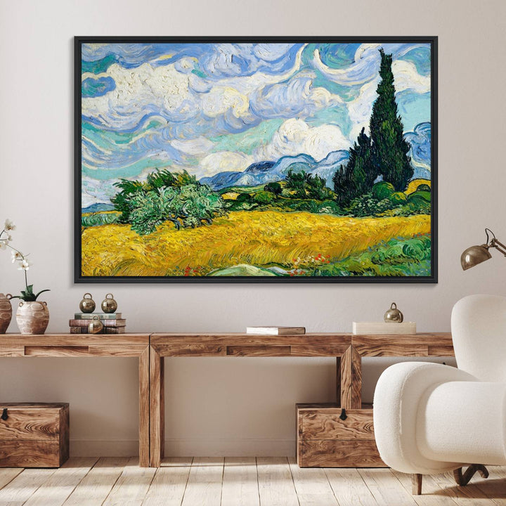 A kitchen featuring Wheatfield With Cypresses Van Gogh canvas wall art.