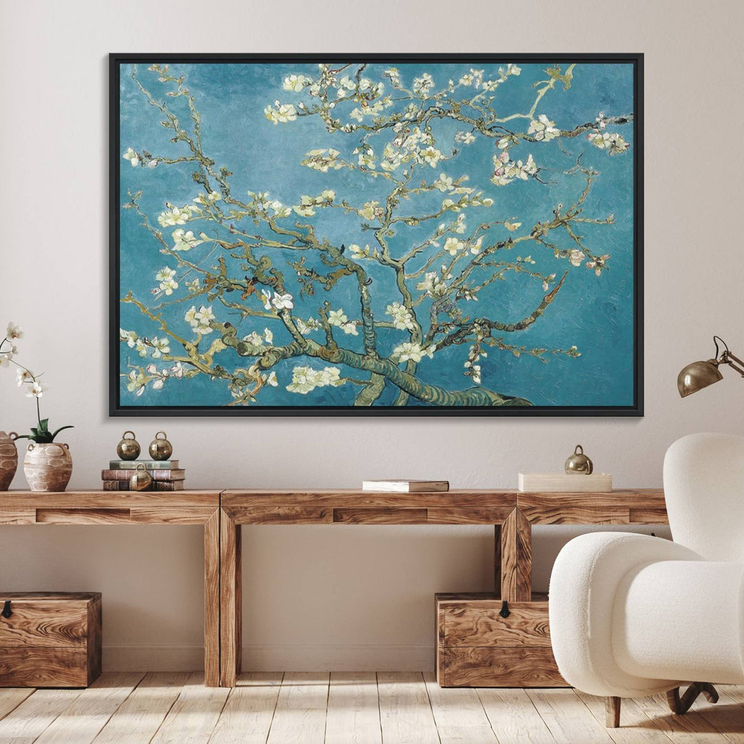 The wall art, Vincent Van Goghs Almond Blossom, stands out with its vibrant depiction against a serene blue background.