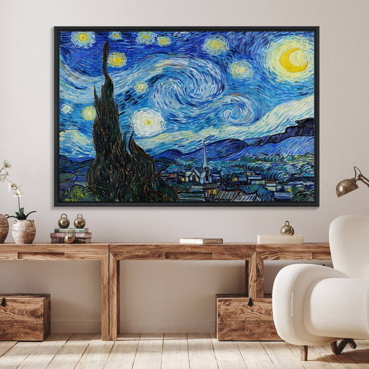 A canvas print of The Starry Night, offering museum-quality art, ready to hang.