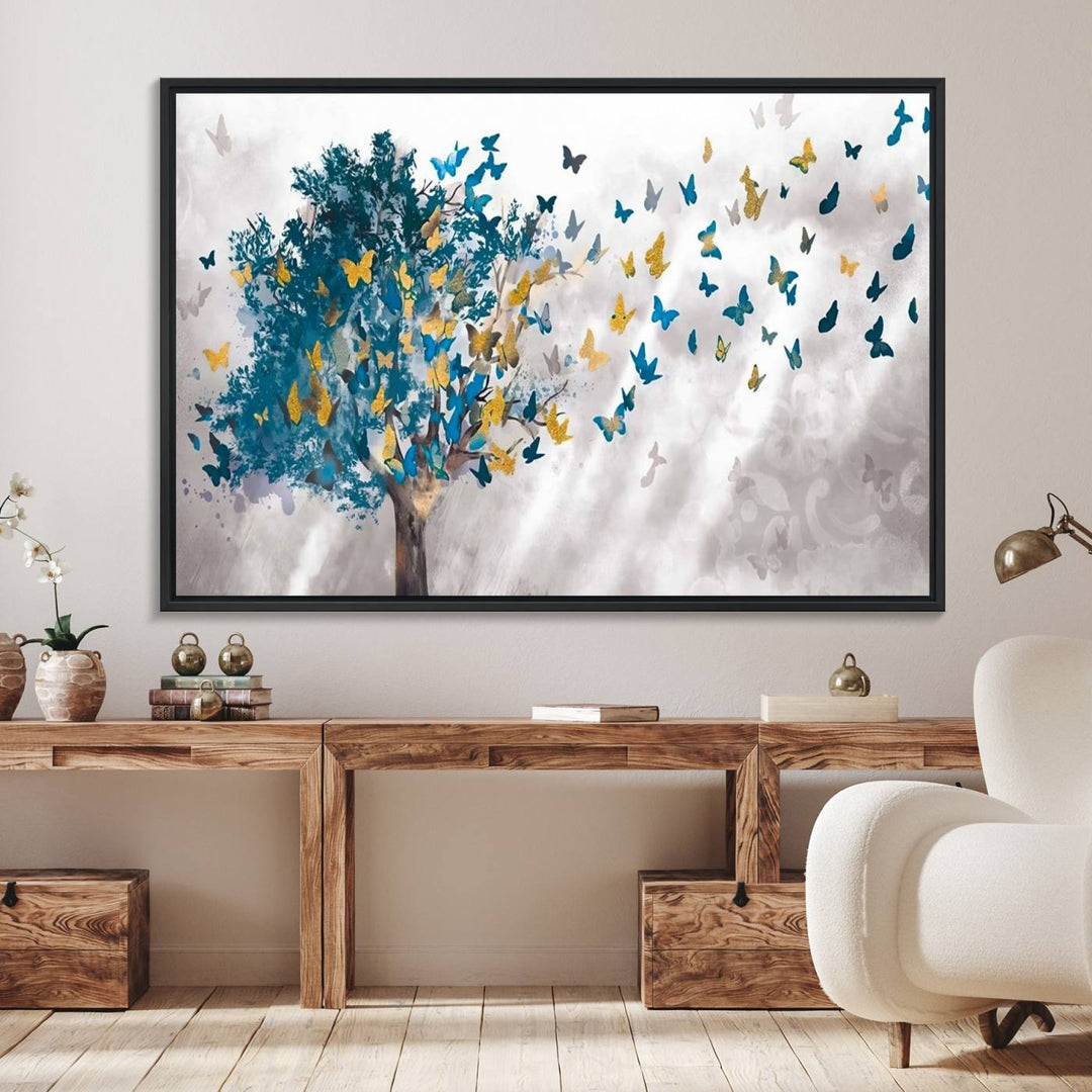 The modern dining room features Tree Butterfly Abstract Wall Art, adding a touch of nature-inspired decor.