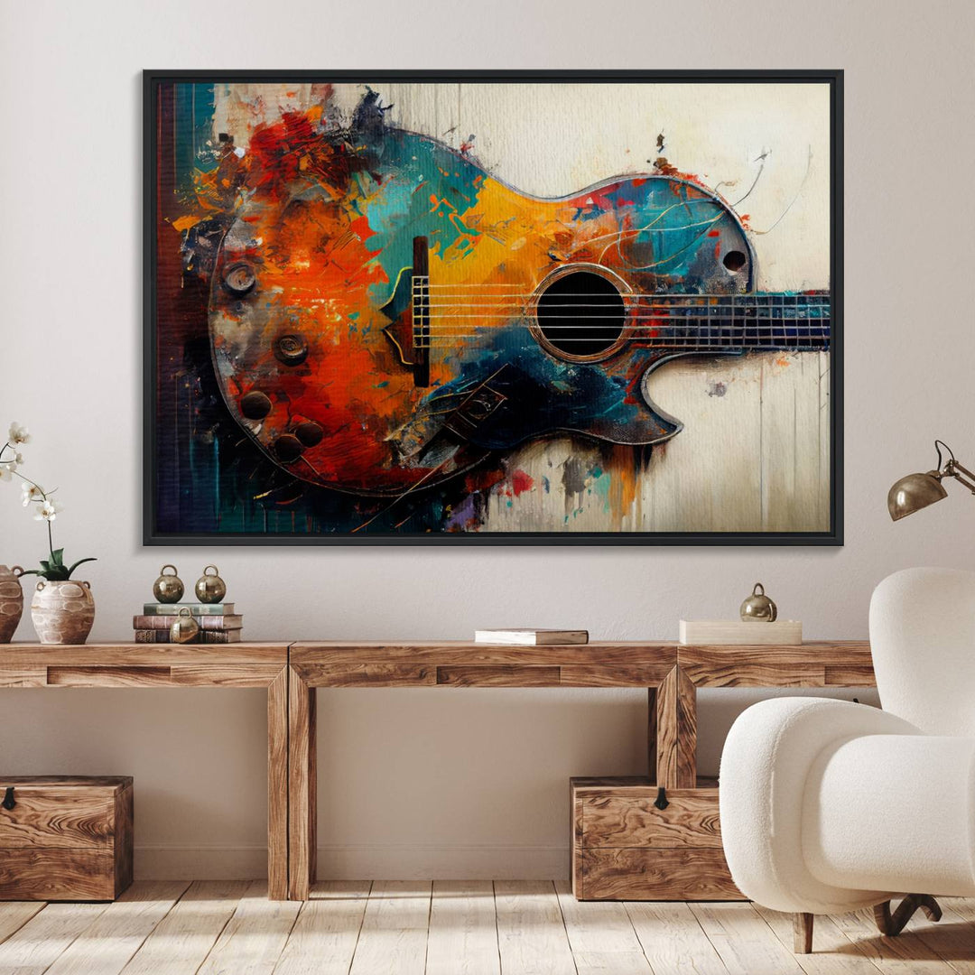 A vibrant guitar wall art canvas is mounted on the wall.