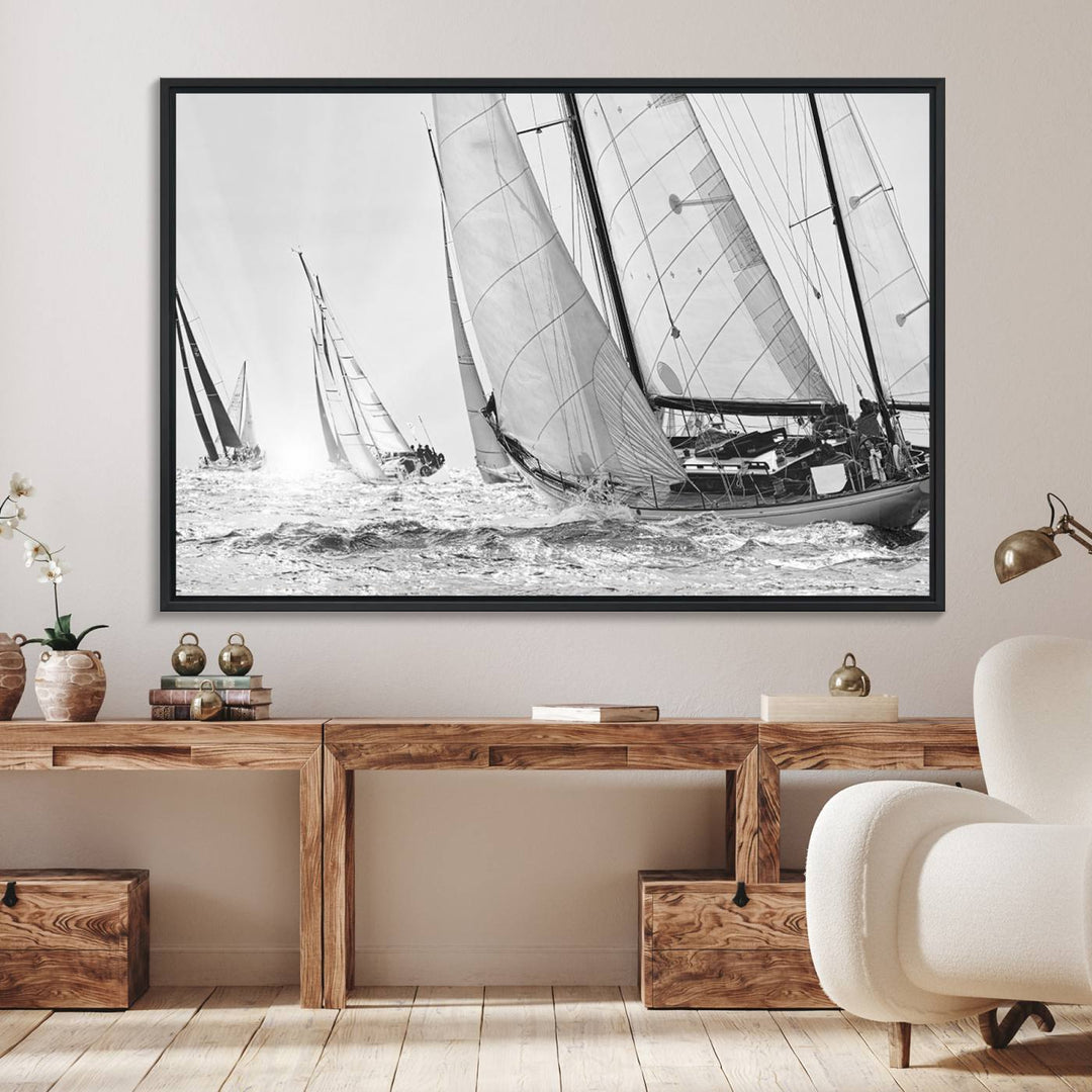 Yacht Sailboat Regatta canvas print on a textured wooden wall.