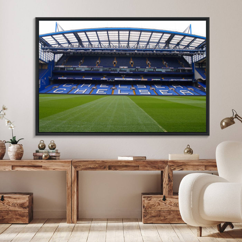 The wall art features a Chelsea FC Stamford Bridge Stadium canvas print.