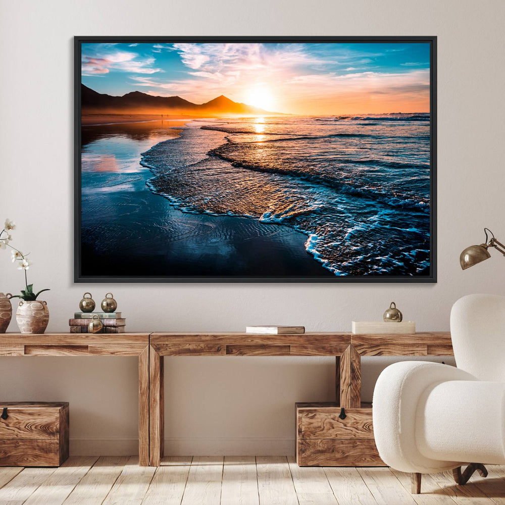 The Sunset Beach Ocean Canvas Wall Art – Tranquil Reflections at Dusk enhances the ambiance with its captivating depiction of serene ocean views at dusk.