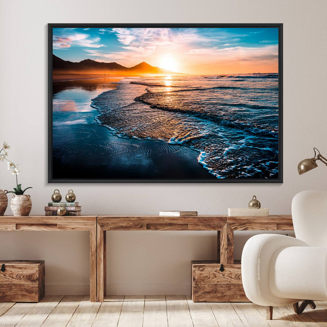 The Sunset Beach Ocean Canvas Wall Art – Tranquil Reflections at Dusk enhances the ambiance with its captivating depiction of serene ocean views at dusk.