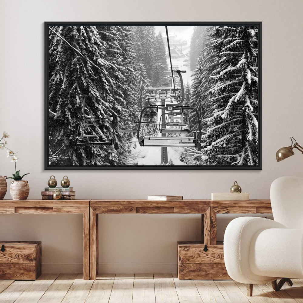 The Winter Ski Lift Canvas in minimalist style adds a unique touch to the dining room.