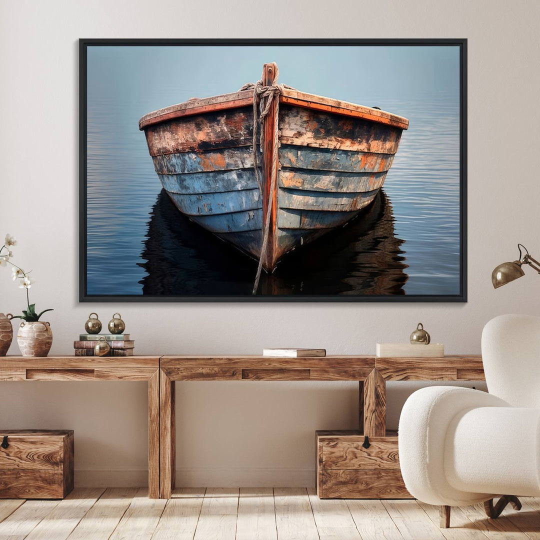 Stunning vintage boat canvas print featuring a calm water scene.