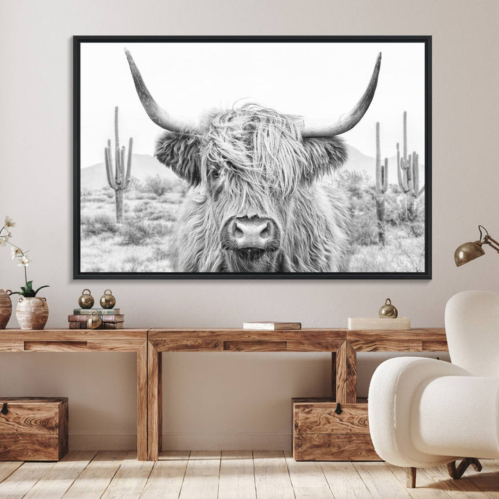 Enhance your kitchen with the Rustic Charm Cow Longhorn Bighorn Wall Art Canvas Print.