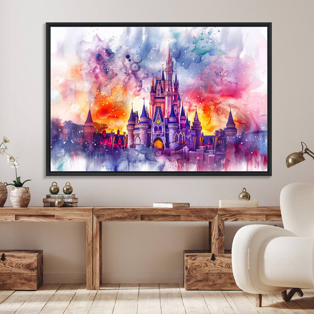 The watercolor Disney Wall Art showcases Cinderellas Castle in pink, purple, and orange hues.