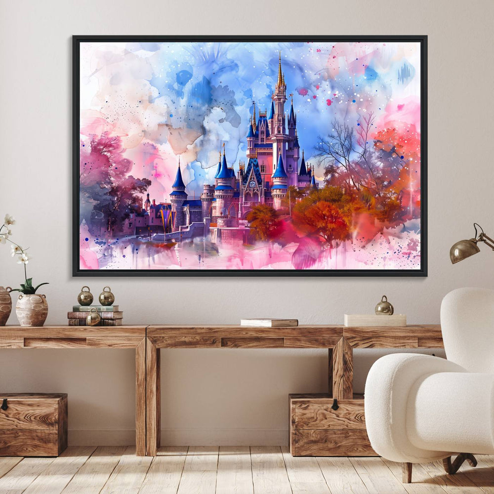 A Disney Wall Art: Dreamy Watercolor Cinderella Castle Canvas Print hangs prominently.