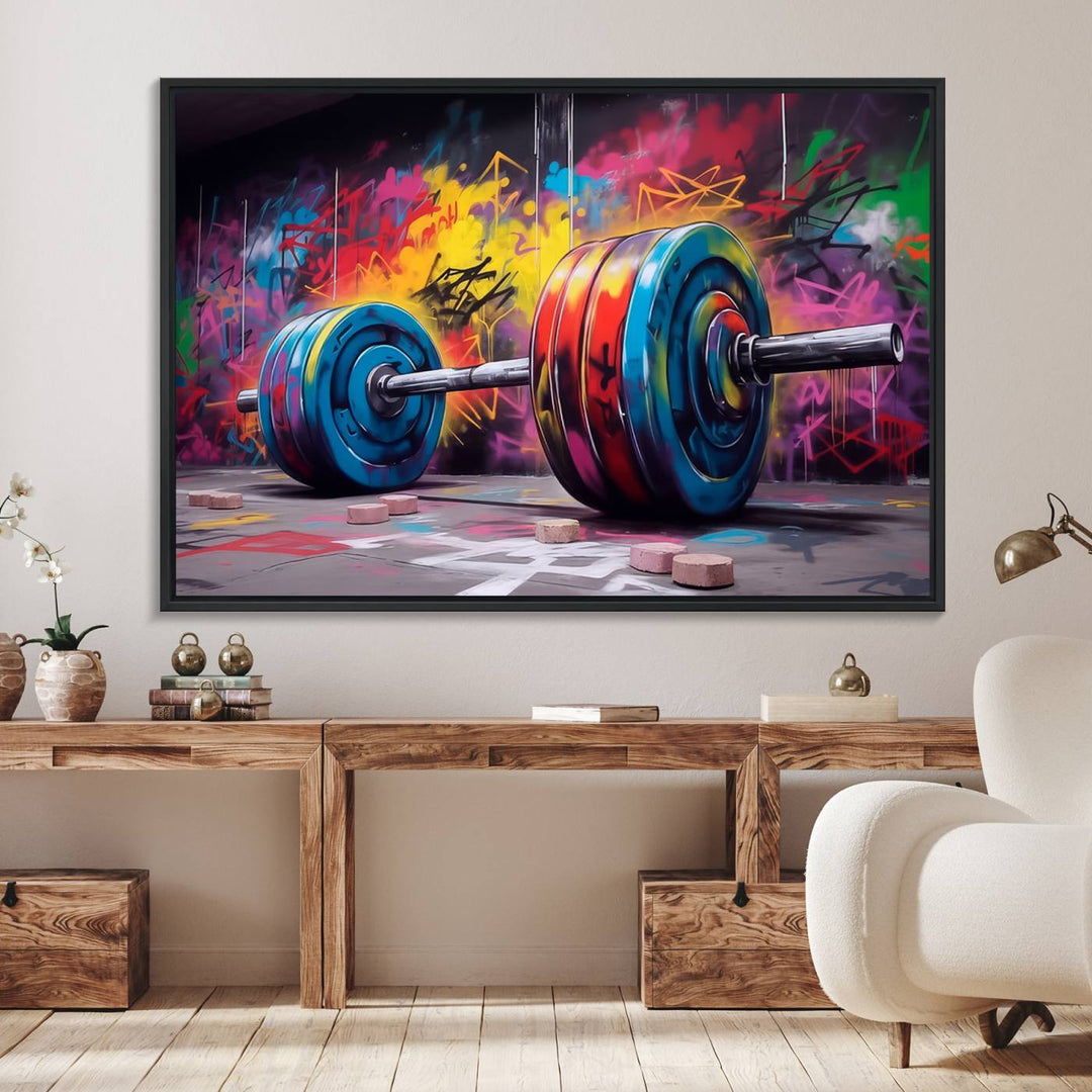 The Abstract Graffiti Barbell Canvas Wall Art is displayed on a porch.