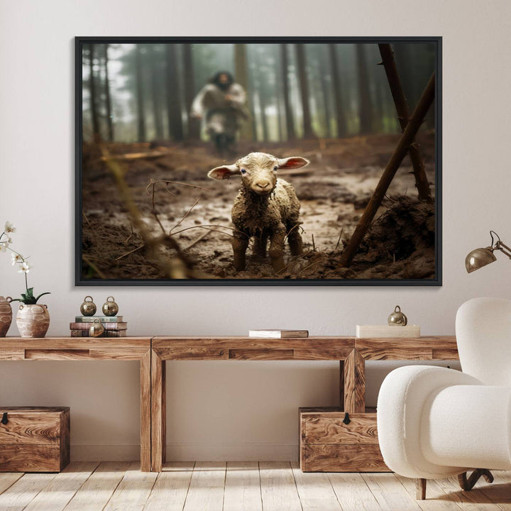 The Jesus Lost Lamb Canvas Wall Art features a heartwarming woodland scene, beautifully capturing the essence of serenity and grace.