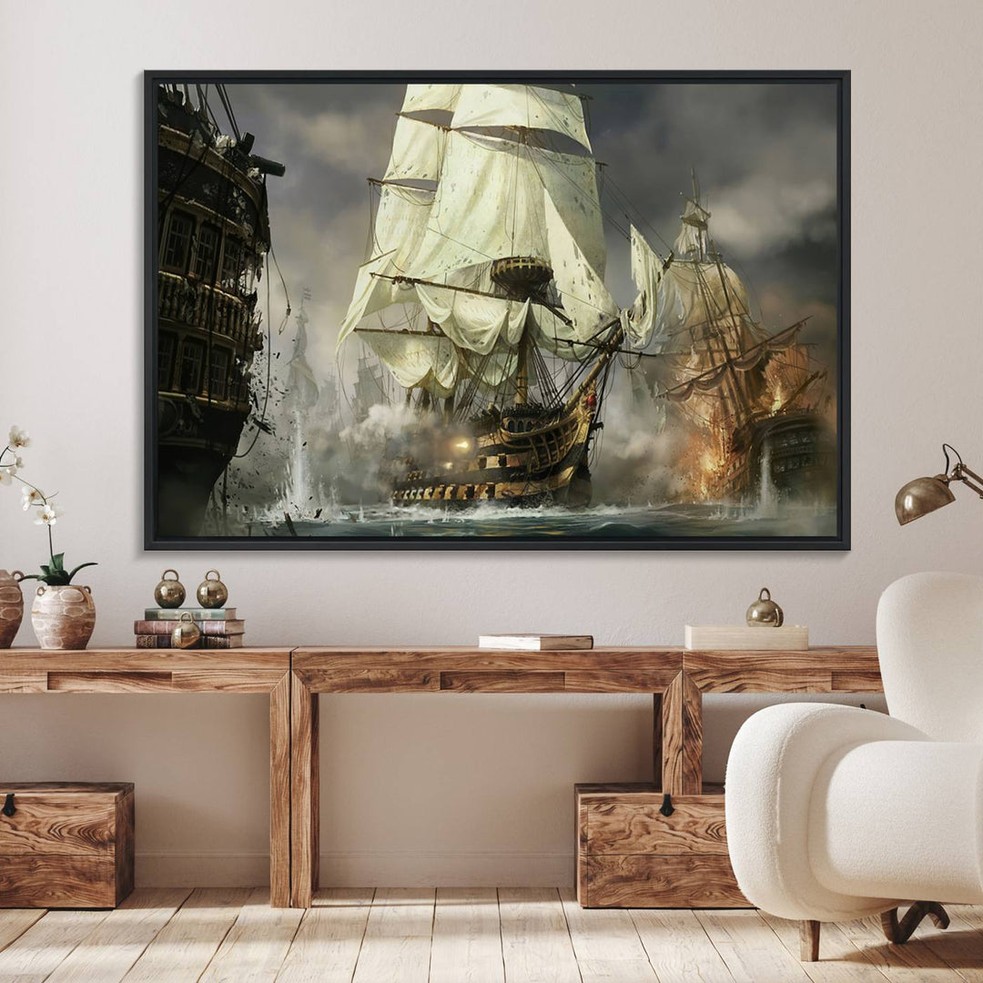 Featuring a dramatic Pirate Ship War Wall Art Canvas Print.