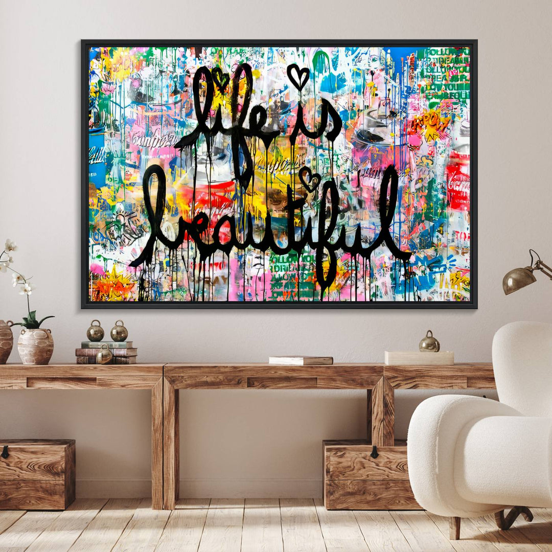 The Life Beautiful graffiti style canvas print is showcased in black script.