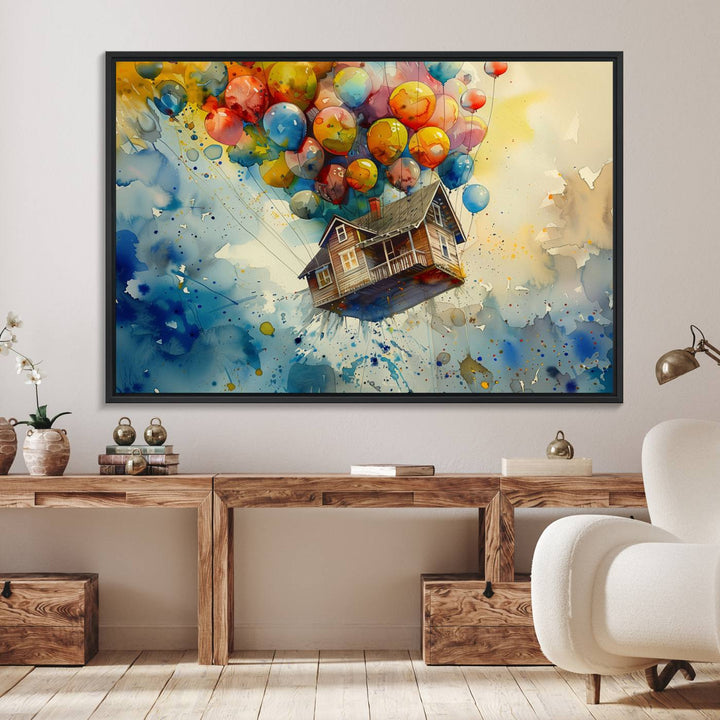 The UP-Inspired triptych canvas art adds whimsy with its colorful floating house and balloons.