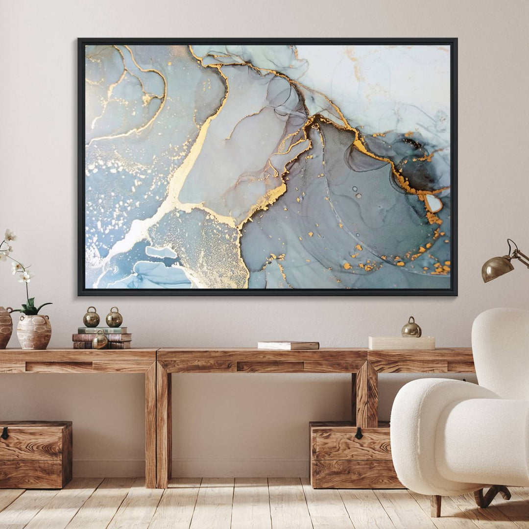 A blue and gold marbled Large Abstract Marble Wall Art Canvas Print hangs overhead.