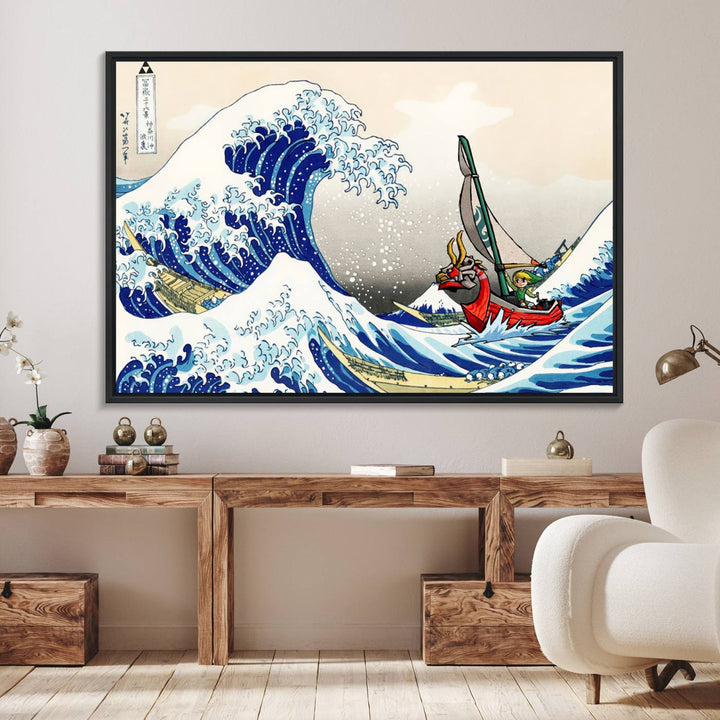 The Katsushika Hokusai Kanagawa Giant Wave Canvas print captures a vibrant sailing scene.