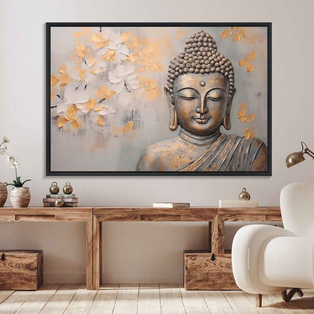 The serene dining room features Abstract Buddha Statue Wall Art.