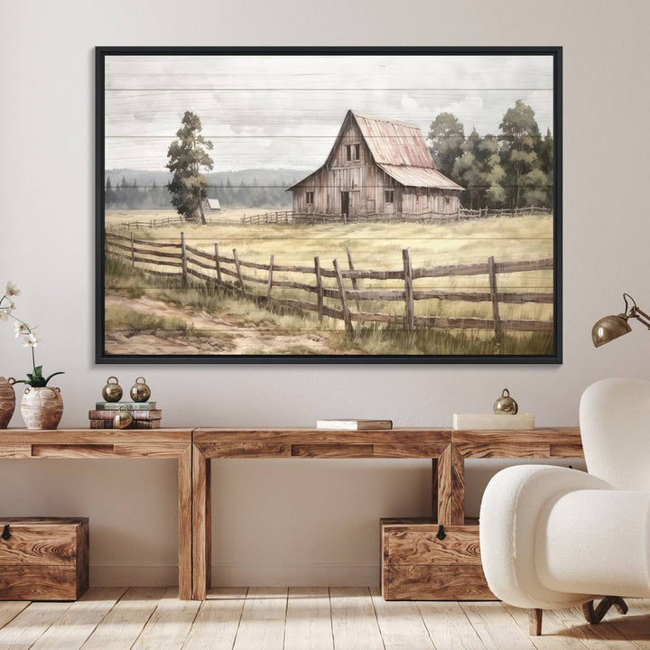 The wall is adorned with a Rustic Farmhouse Barn Wall Art.