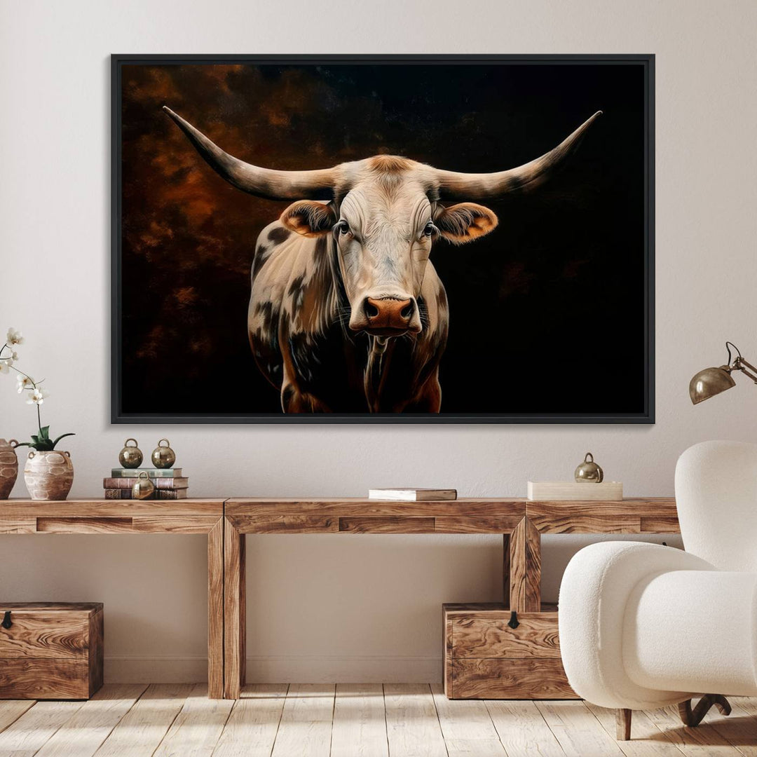 A large 3-panel Texas Longhorn canvas print dominates the space.