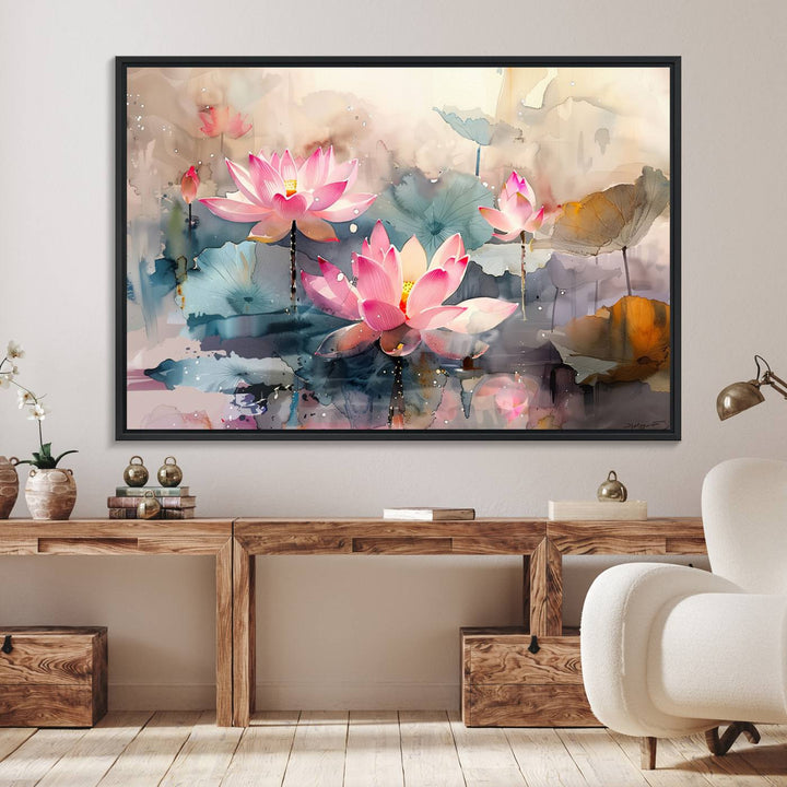 A pink lotus wall art adorns the space.