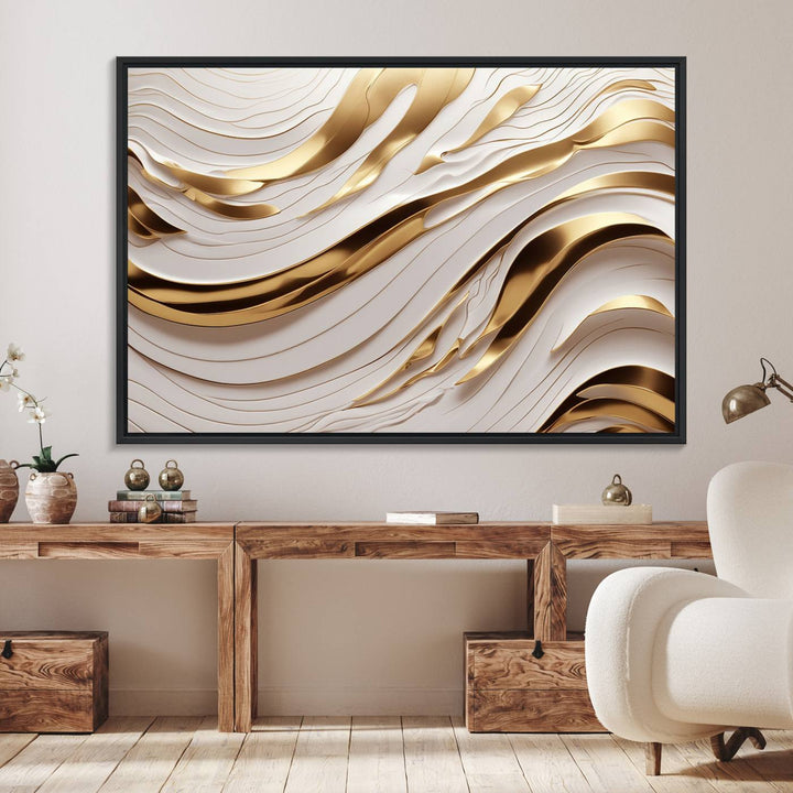 A Gold and White Abstract Wave Canvas with luxurious golden accents.