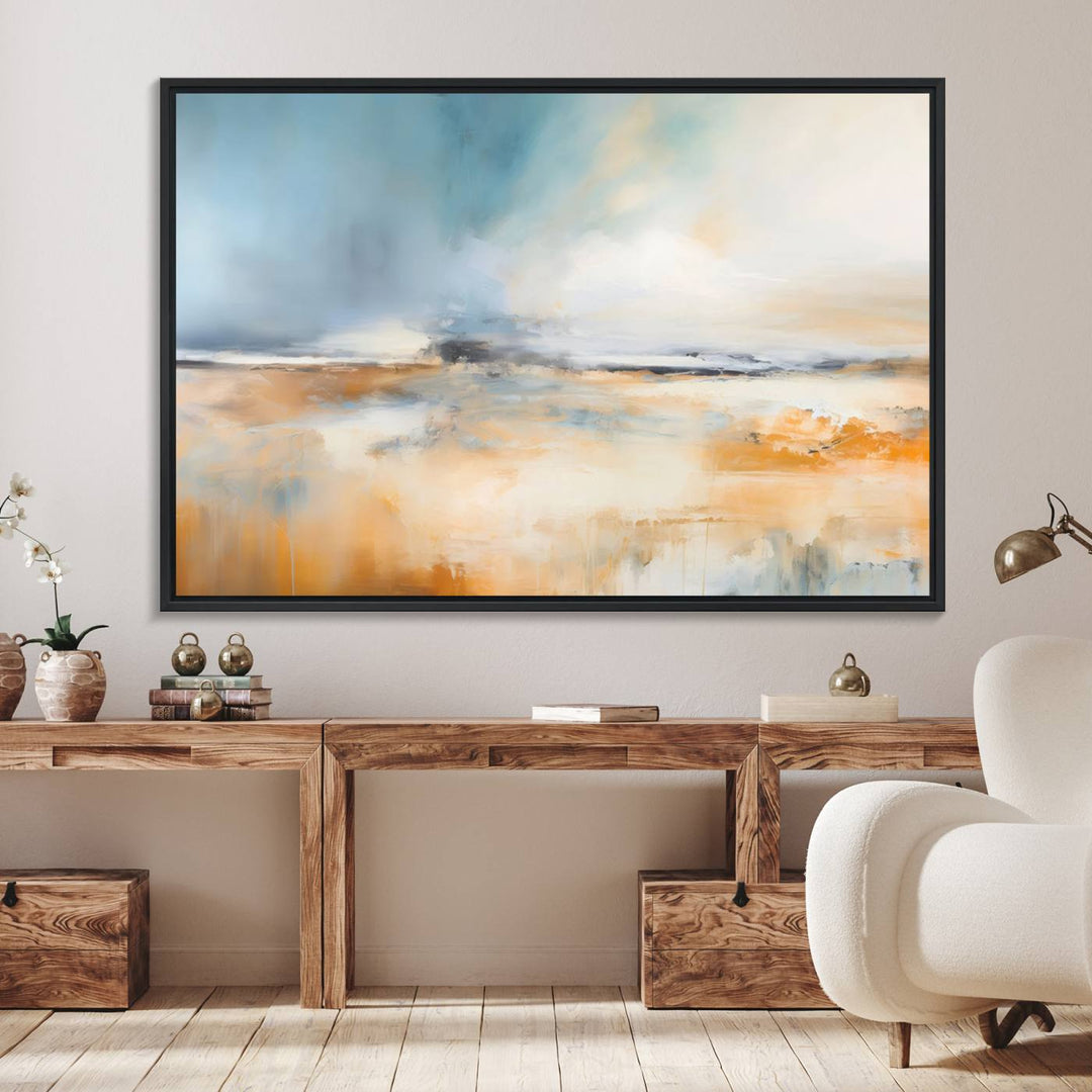 Abstract Landscape Wall Art in warm tones of orange and blue.