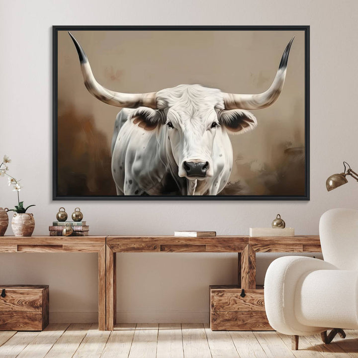 The kitchen features a striking canvas print of a Longhorn Bull.