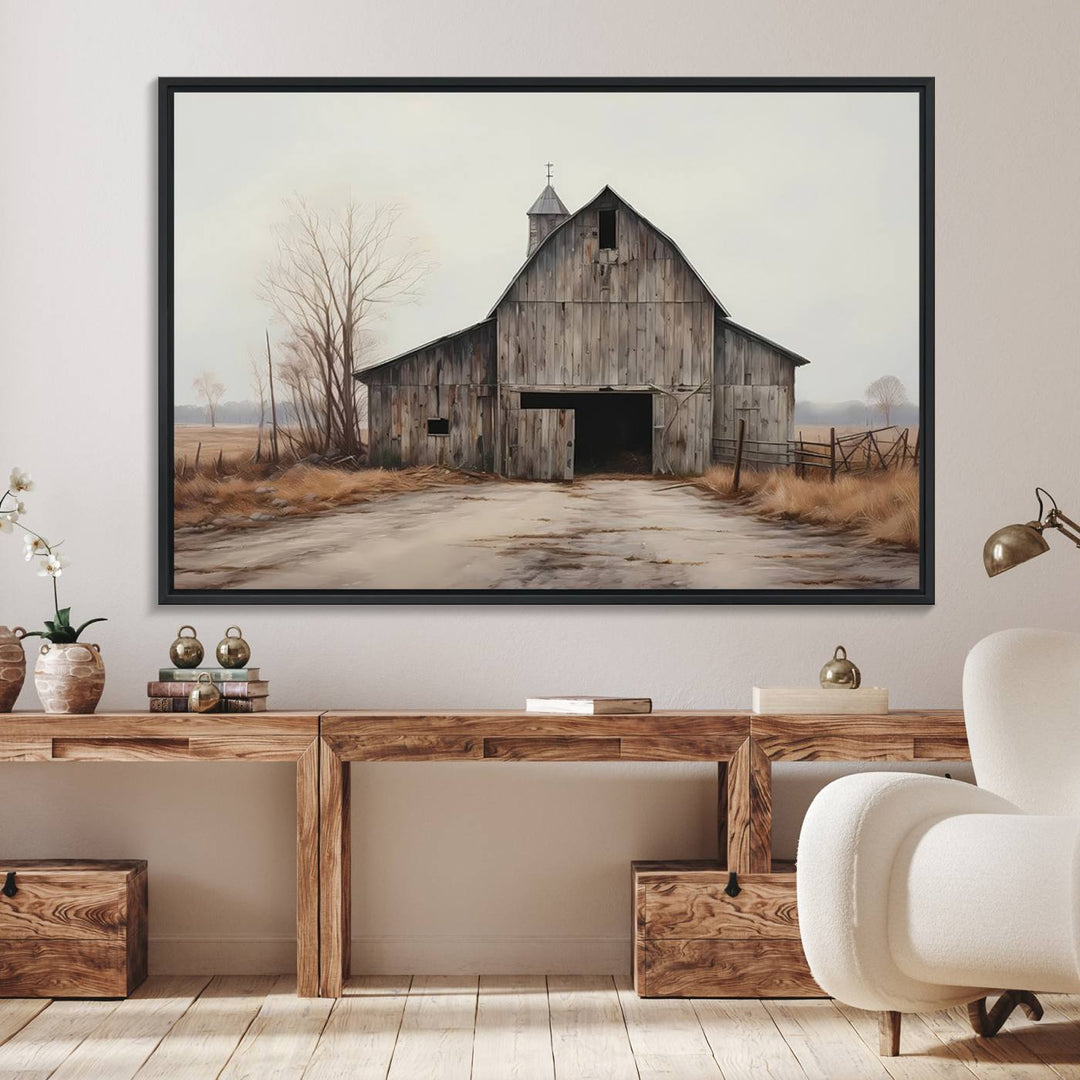 The Farmhouse Rustic Barn Wall Art Canvas Print, framed and ready to hang, enhances the farmhouse décor.