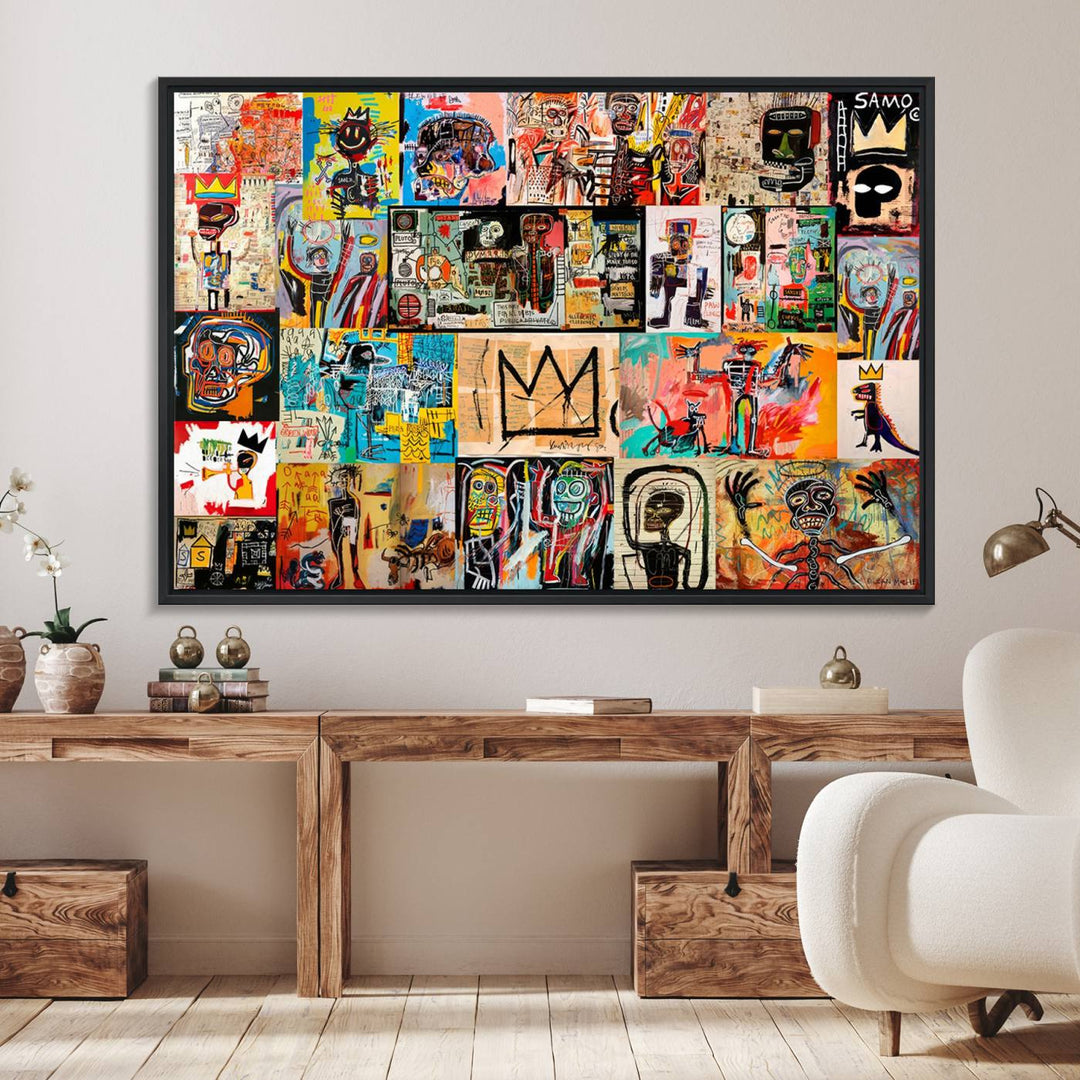 A Basquiat graffiti-style collage adorns the wall.