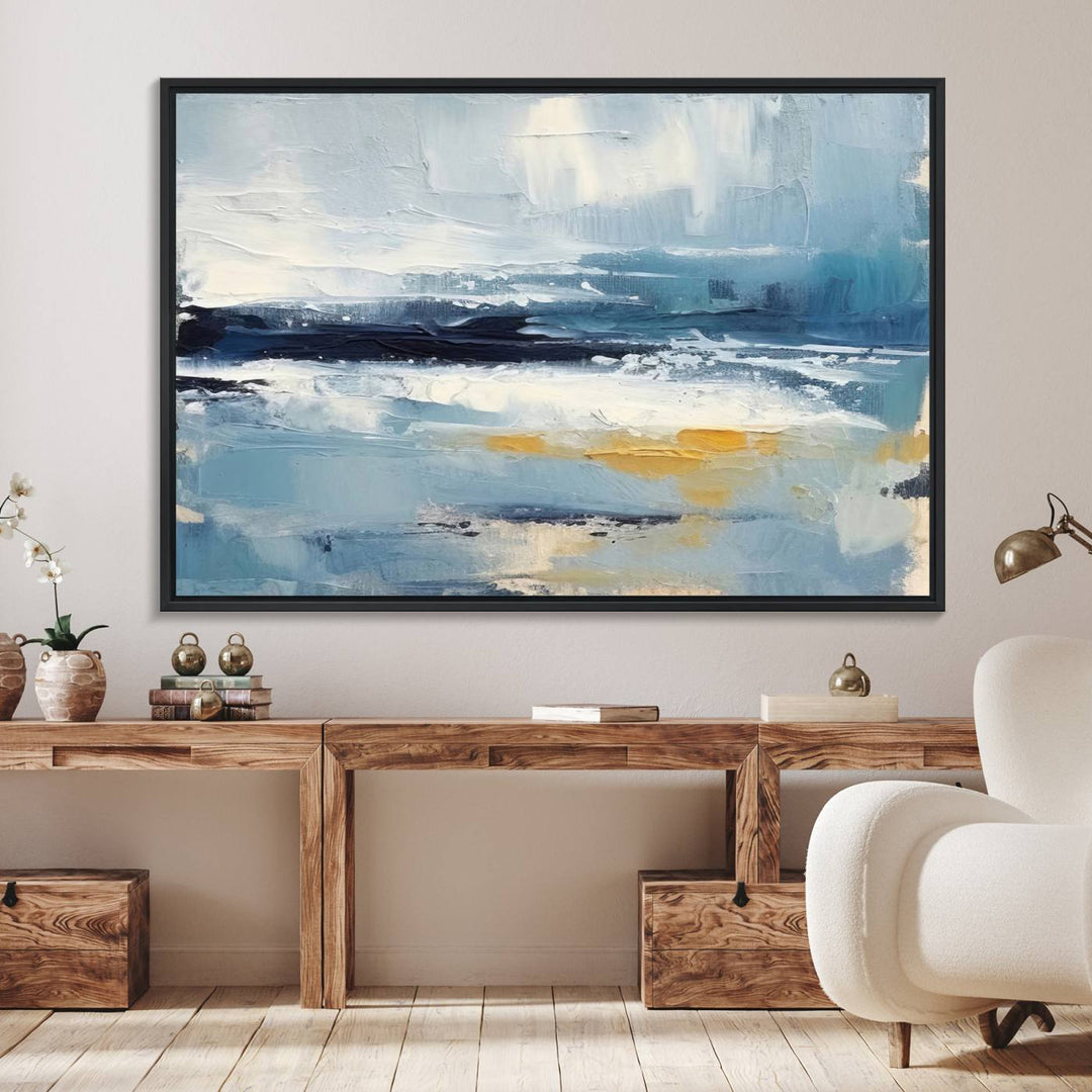 The Abstract Ocean Canvas Wall Art in coastal blue and gold enhances the modern kitchen.