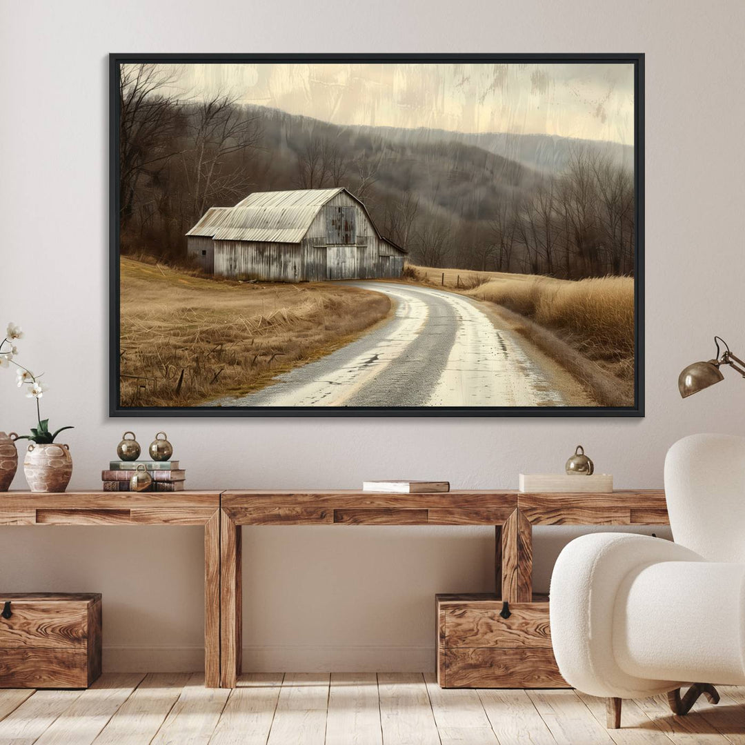 The wall exudes rustic charm, highlighted by the Vintage Barn Farmhouse Wall Decor Canvas Print.