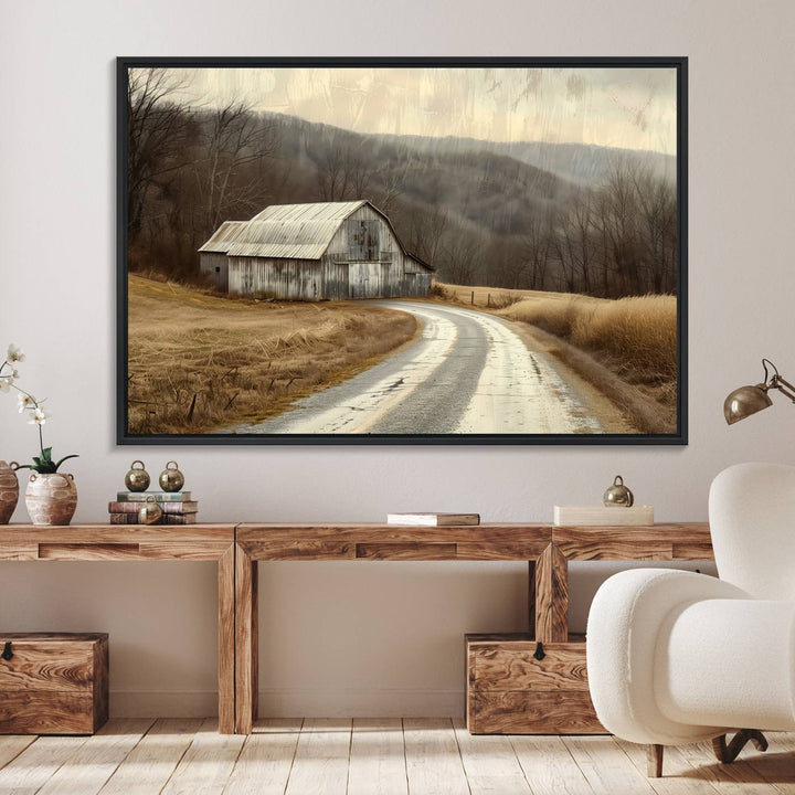 The wall exudes rustic charm, highlighted by the Vintage Barn Farmhouse Wall Decor Canvas Print.
