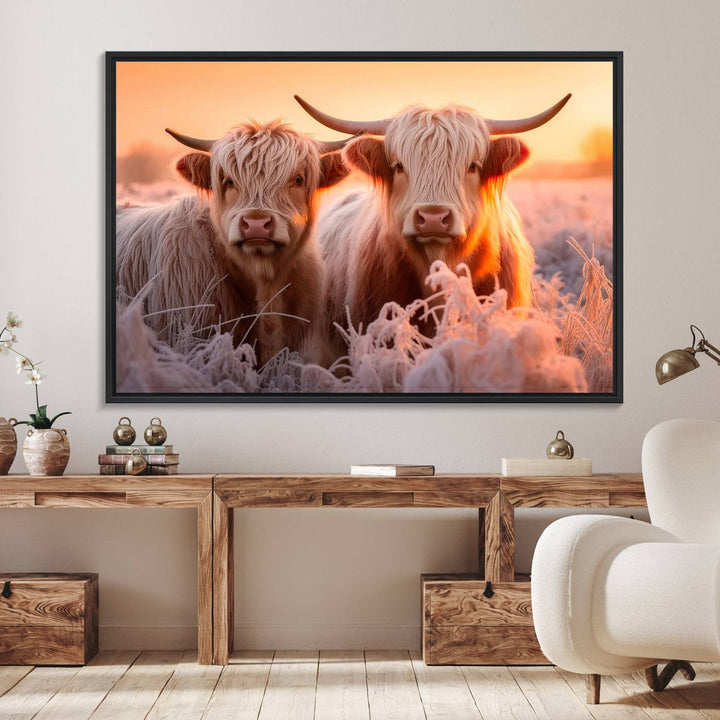 Highland Cows at Sunrise Wall Art adds serene rustic farmhouse charm.