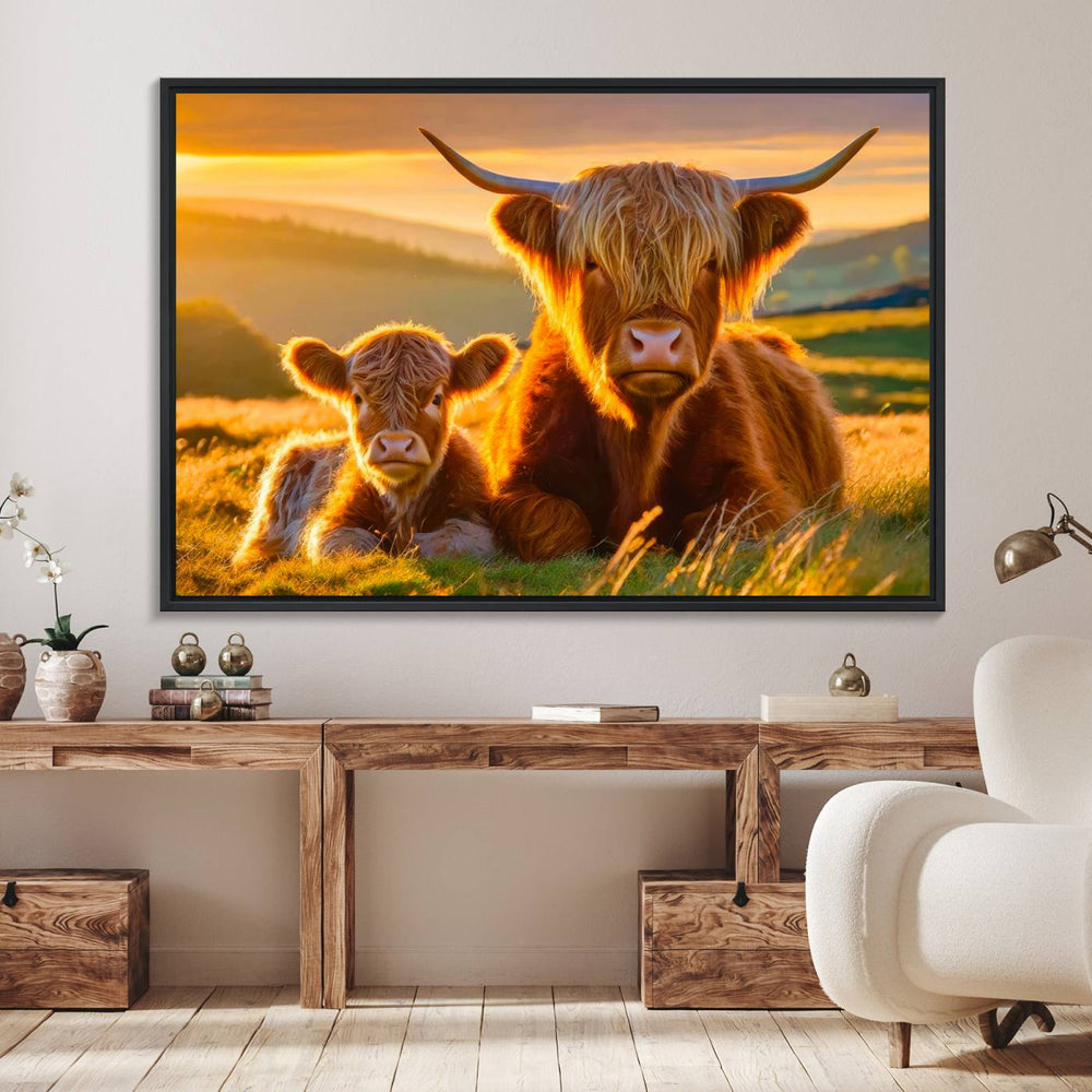 The Scottish Cow and Baby Cow Canvas Wall Art captures sunset fields.