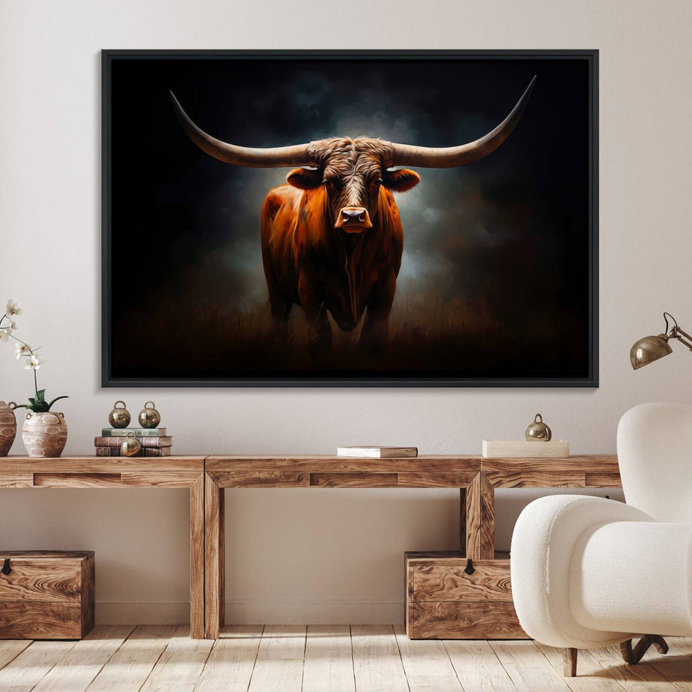 The Abstract Texas Longhorn Wall Art Print adds a striking touch to the living room.