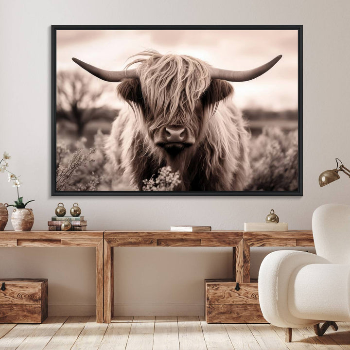 The Scottish Cow Longhorn Wall Art Canvas Print adds charm to the kitchen.