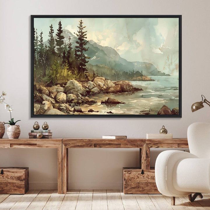 Framed Abstract Acadia National Park wall art, depicting a rocky coastline with trees and mountains, ready to hang.