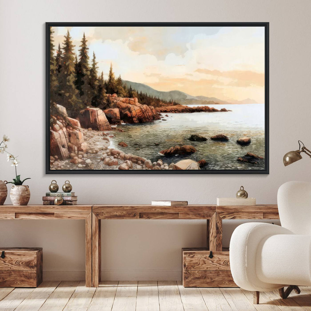 The Serene Coastal View of Acadia National Park 3-panel canvas, framed and ready to hang, adorns the wall.