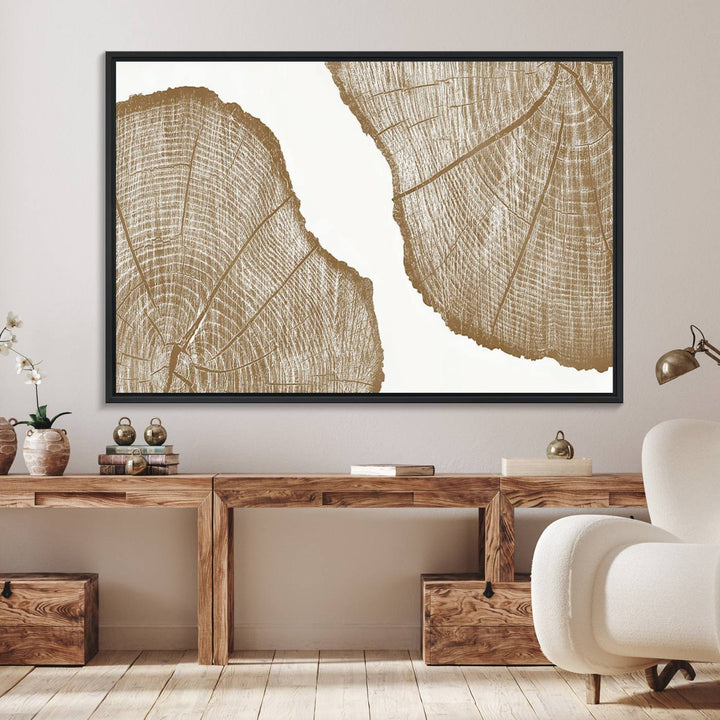 The rustic wall art features two large tree rings, beautifully framed and displayed to create a nature-inspired décor.