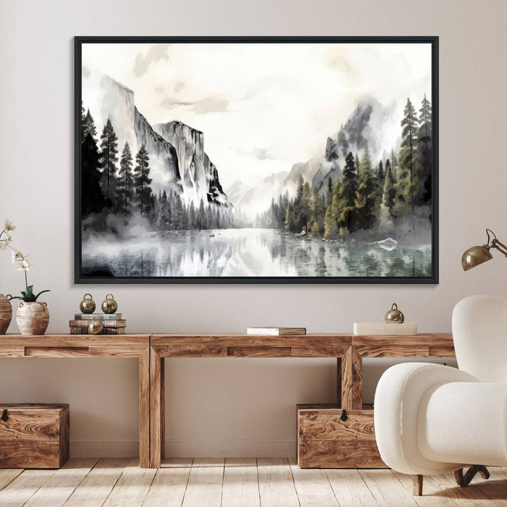 The Yosemite Valley Wall Art Canvas Print, a framed nature décor, is beautifully displayed.