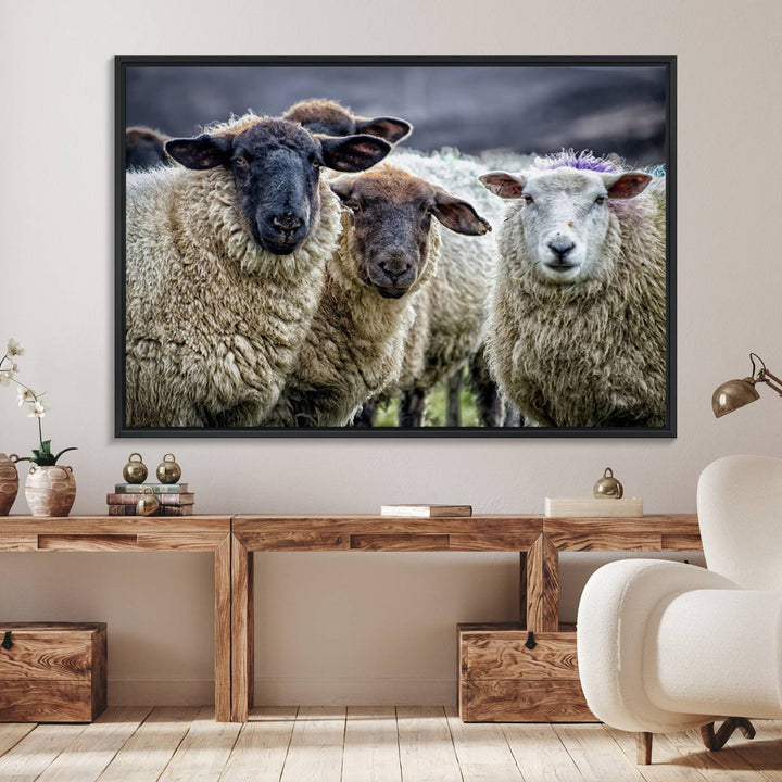 The Charming Sheep Portrait Wall Art hangs on a wooden wall.