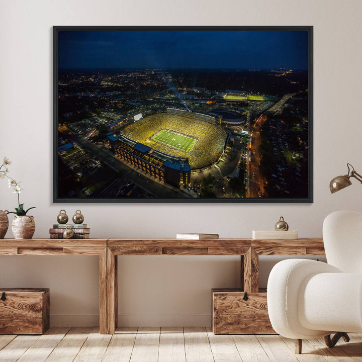 Aerial view of Michigan Stadium nightlife on canvas – Framed, ready-to-hang sports arena wall art.