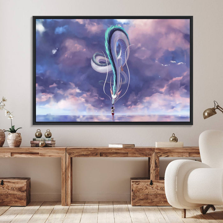 The Spirited Away Haku and Chihiro poster captures a cherished scene for anime lovers under a colorful, cloudy sky.