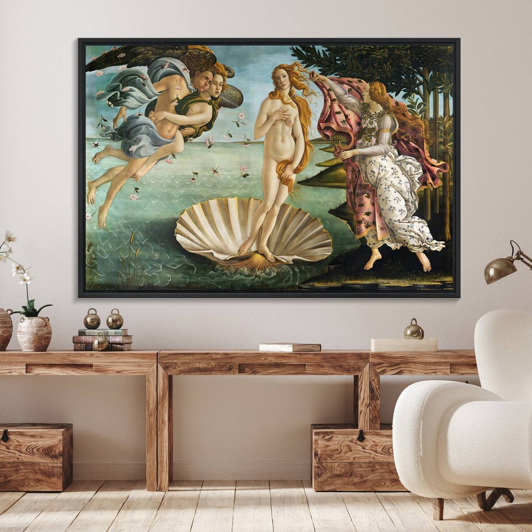 A canvas print of Botticellis The Birth of Venus is displayed on the wall.